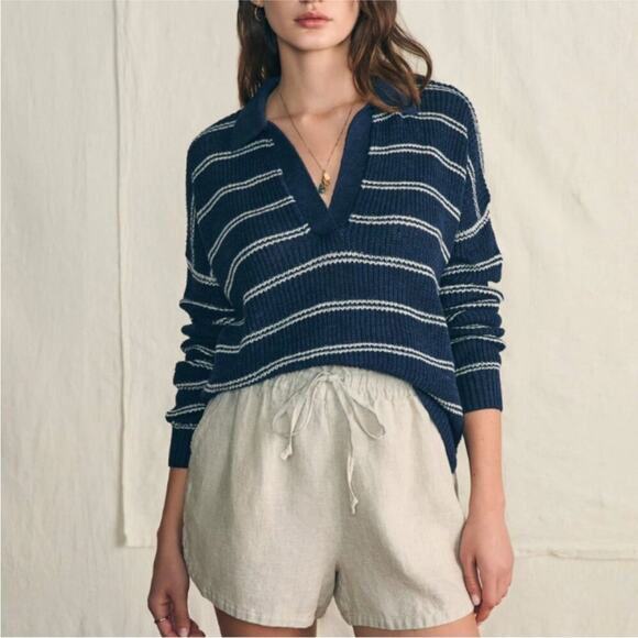 Faherty Miramar Linen Polo Sweater Navy Mystic and Cream Striped M - Picture 3 of 10